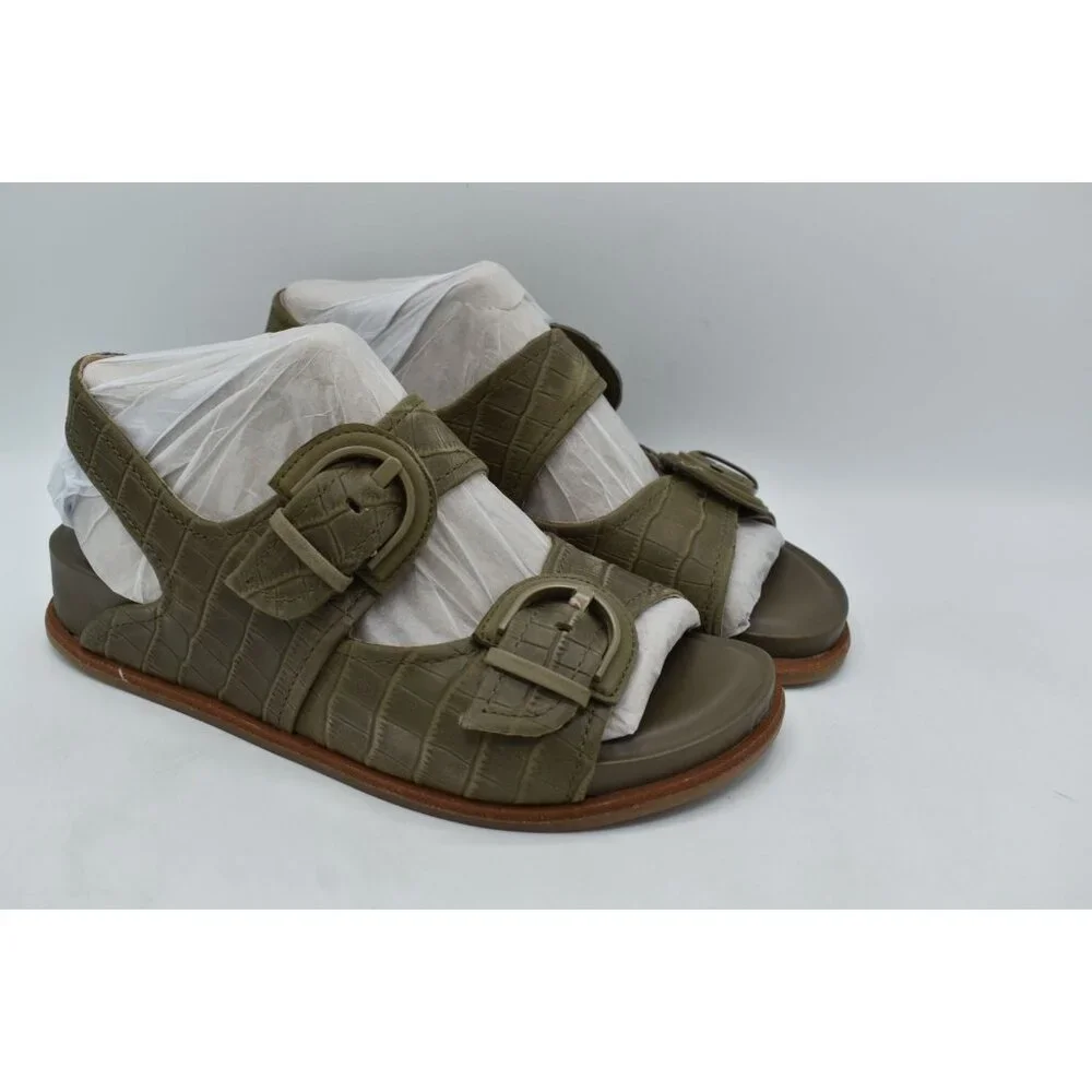 Sofft Women Size 7.5 Adalia Pale Olive Buckle Suede Croc Embossed Leather Sandal